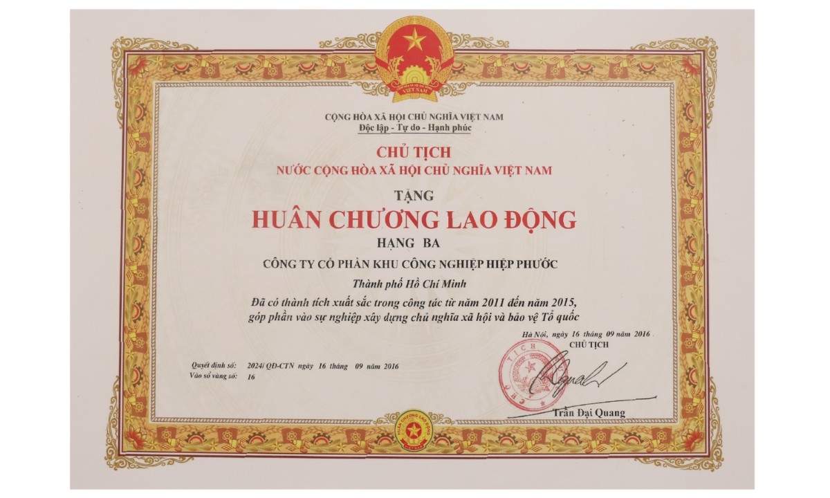 Hiep Phuoc Industrial Park Joint Stock Company Received The 3Rd Class Labor Medal | Hiep Phuoc 工業団地株式会社